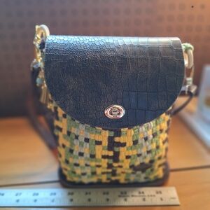 Woven Green & Black Crossbody Bag with Faux Croc Flap